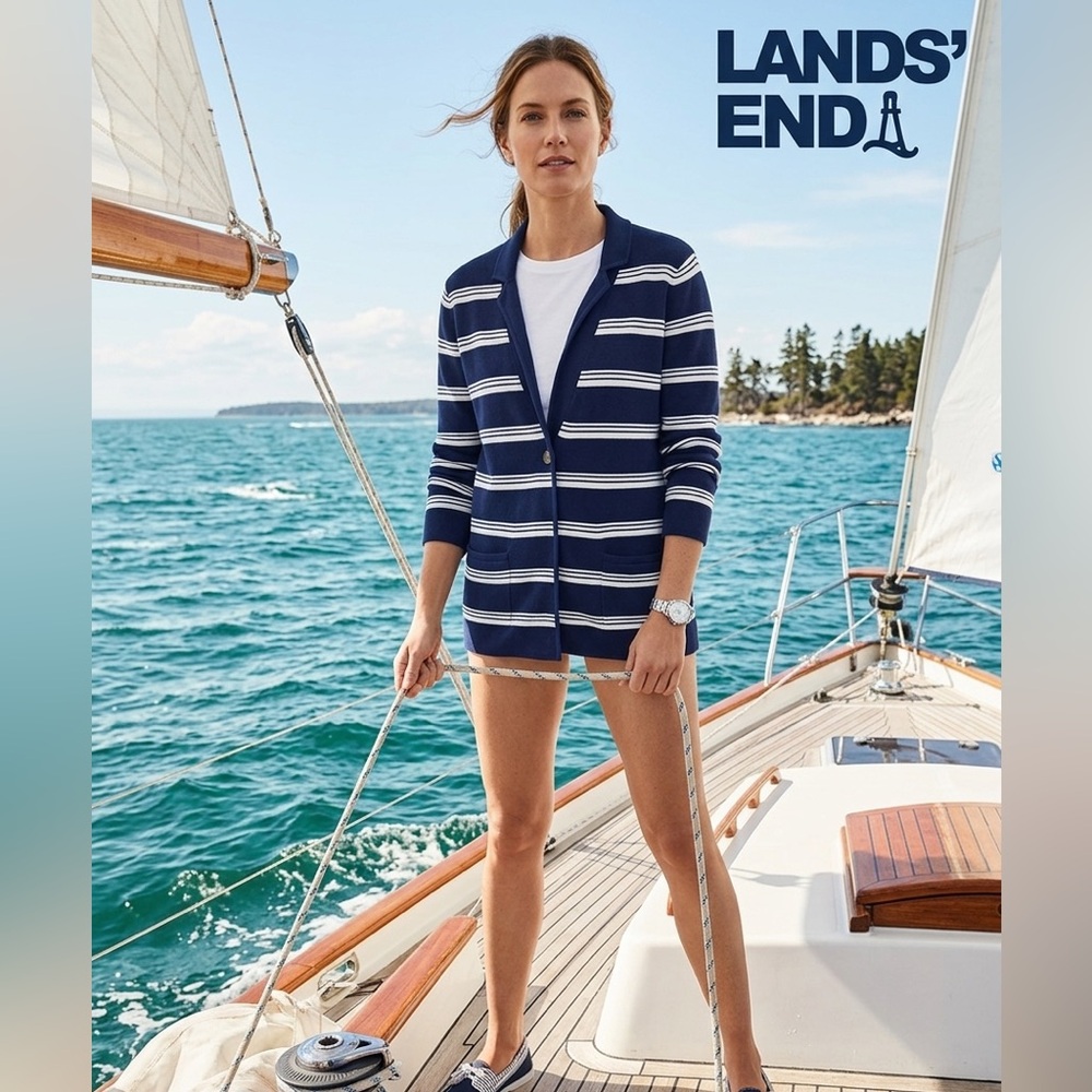Lands' End Navy and White Striped Knit Cardigan with Pockets